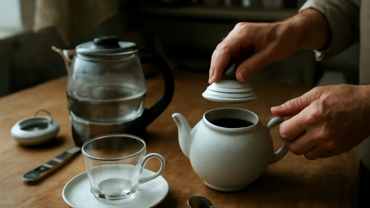 Balıkesir’de bir mutfakta, yüzü görünmeyen birinin elleri çayı demlemek için su ısısı ve demleme ayarlarını uygularken; kettle, demlik, fincan ve ölçü araçları doğal ışıkta masa üzerinde yer alıyor.