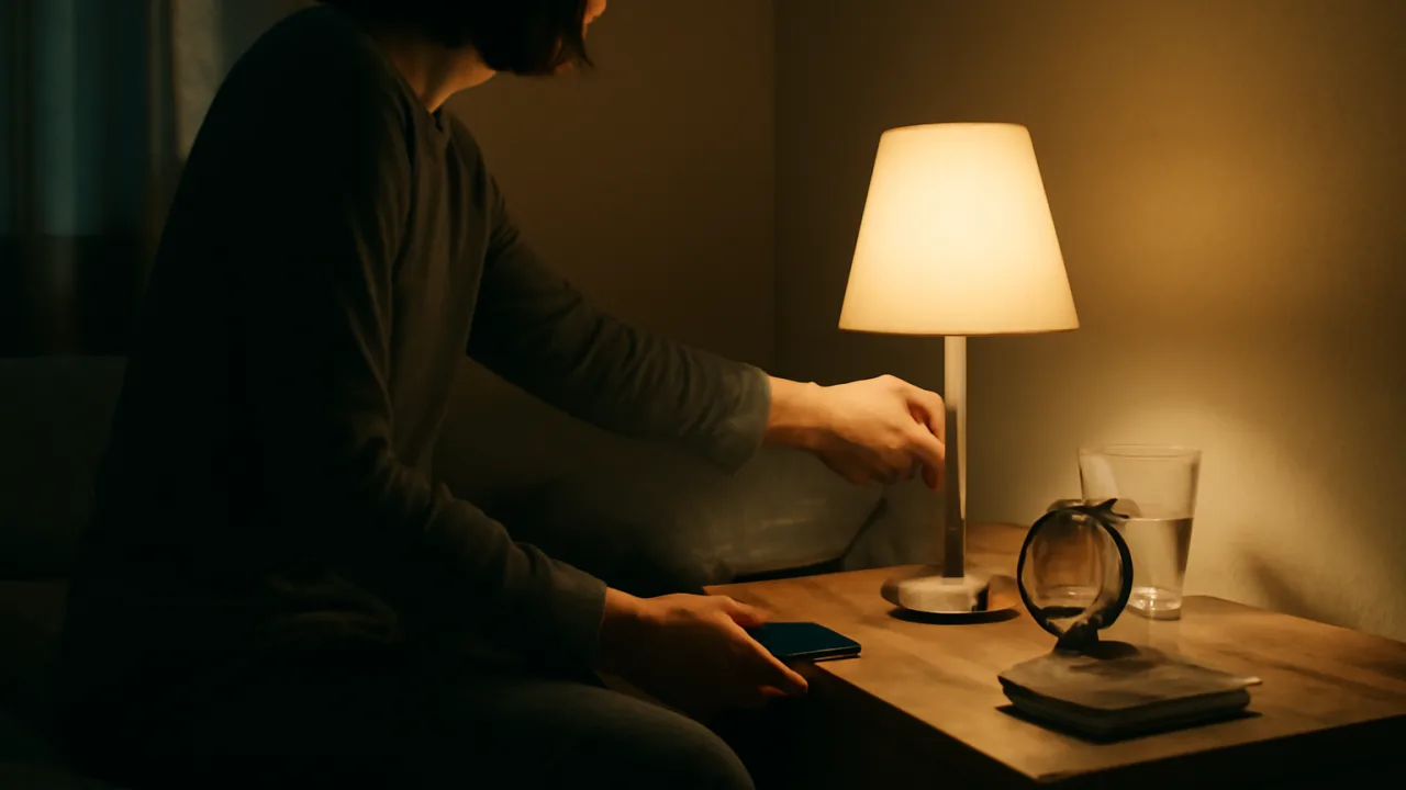 Gece vakti bir ev yatak odasında, yüzü görünmeyen bir yetişkin yatağa geçmek için lambayı kapatırken yanında analog bir alarm saati, kapalı bir defter ve küçük rutini çağrıştıran birkaç günlük eşya olan sıcak, gerçekçi bir fotoğraf karesi.